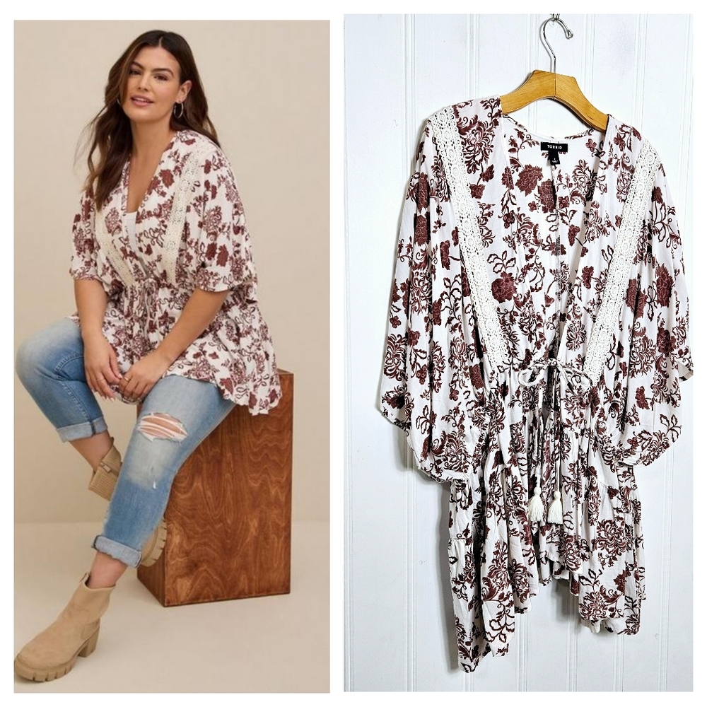 Torrid Floral Kimono Top 1X Boho Lace Trim Tassel Tie Peasant Blouse
